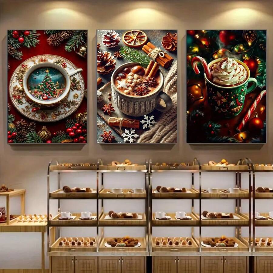 1/3pcs Christmas Themed Gourmet Coffee Canvas Art Oil Painting Nordic Style Wall Decoration, Optional Wooden Frame, Featuring Hot Chocolate, Cinnamon And Pine Cones - Very Suitable For Living Rooms, Bedrooms, Offices, Coffee Bar Decoration, Etc