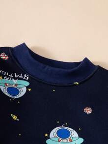 2 件套青少年男孩太空飞船卡通印花保暖睡衣套装，保暖内衣长袖上衣和裤子，秋冬 - 藏蓝色 - 查看 3