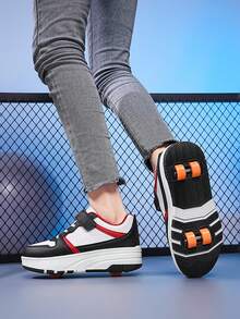 BLSART 1 par de patines de 4 ruedas con bloques de color y patchwork para niños, con cierre de gancho y bucle, suela gruesa antideslizante, ruedas desmontables 2 en 1 de doble uso, zapatos deportivos con ruedas para patinar casual al aire libre para niños - Negro - Ver 2