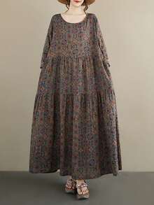 AZAH Festival de Primavera Chino, Tops 2026, Vestido Largo de Otoño, Vestido Suelto Plisado de Cuello Redondo y Manga Larga de Otoño, Vestido Casual Bohemio de Vacaciones Diarias, Vestido Retro de Talla Grande para Mujer, Un Vestido, Estampado Aleatorio - Café integral - Ver 4