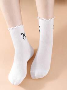 1/3/5/10/15/20 Pairs Women White Ruffle Bow Decor Comfortable Simple JK Style Breathable Mid-Calf Socks - White - View 5