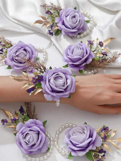 1pc/6pcs Elegant Princess Rose & Baby's Breath Pearl Chain Wrist Corsage Set, Suitable For Bride, Wedding Decoration, Party, Travel, Graduation, Gift