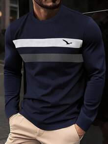Áo thun nam cổ tròn tay dài màu tương phản mới cho mùa thu, mặc nhà thường ngày - Màu xanh lam - Xem 1