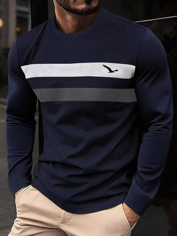 Nowa, jesienna, kontrastowa, biznesowa, swobodna męska koszulka z okrągłym dekoltem i długim rękawem, idealna na jesień