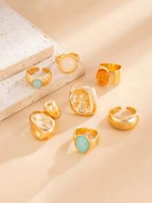 7pcs/Set Lava Liquid Metal Asymmetrical Flow Or Hammered Texture Vintage Bohemian Style Acrylic Rings Set, Suitable For Parties, Gifts, Daily Wear - Gold - View 4