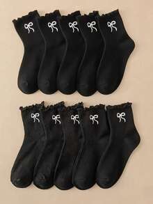 1/3/5/10/15/20 双装 女士黑色荷叶边蝴蝶结舒适简约 JK 款吸湿排汗中筒袜 - 黑色 - 查看 6