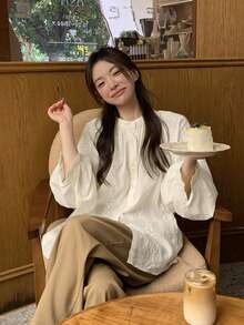 女式立领长袖纽扣前开襟衬衫，采用优雅纹理面料制成（随机条纹图案） - 杏色 - 查看 5