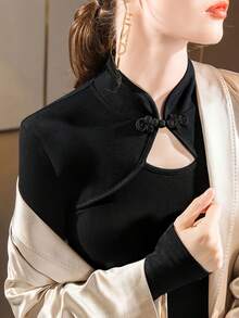 新款镂空复古中国风纽扣装饰修身长袖中式领T恤女春秋季 - 黑色 - 查看 2