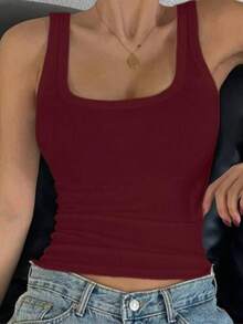 Cotton Ribbed Racerback Tank Top - Maroon - View 2