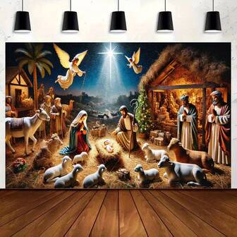 1 pieza Fondo de escena de nacimiento 2D, decoración duradera de poliéster para fiestas de Navidad y Acción de Gracias, telón de fondo fotográfico con cielo estrellado, animales y cabaña estable, decoración navideña para exteriores