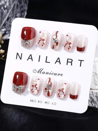 Uñas de arte de belleza hechas a mano, juego de 10 piezas, color burdeos, forma trapezoidal corta, estilo de fragancia, uñas con puntas francesas, uñas postizas, uñas de Año Nuevo, uñas de San Valentín, uñas de luz UV, uñas de verano, arte de uñas portátil, diseño elegante y generoso, estilo francés de alta gama, esmalte de gel