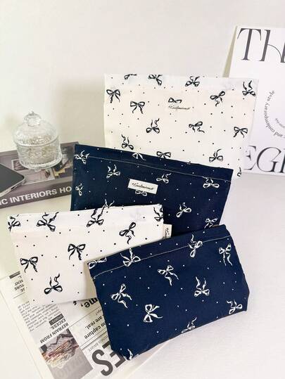 1 pieza Bolsa de maquillaje con patrón de lazo blanco y negro, de gran capacidad, con cremallera, de moda y casual, bolsa de cosméticos esencial para viajes y vacaciones, también ideal como regalo para vacaciones. Bolsa, bolsa de maquillaje, esencial de viaje