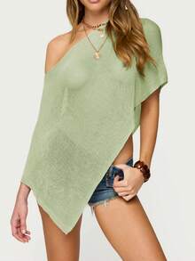 Women's Sheer Ponchos Off Shoulder Short Sleeve Solid Color T-Shirts Asymmetrical Knit Tops - 綠色 - 查看 1