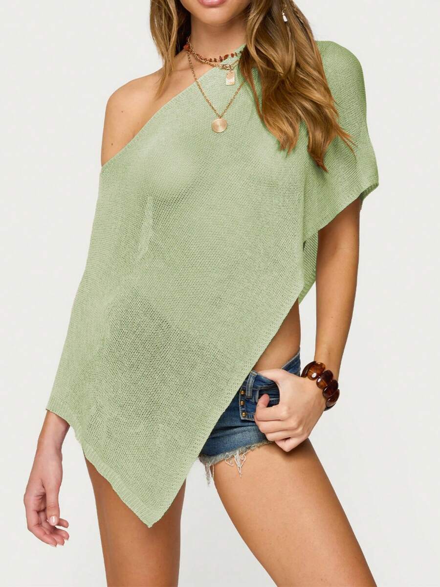 Women's Sheer Ponchos Off Shoulder Short Sleeve Solid Color T-Shirts Asymmetrical Knit Tops - 綠色 - 查看 1