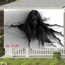 Banner plat 2D pentru petrecere de Halloween, design de perete cu demon negru cu păr lung, material durabil, nu necesită electricitate, perfect pentru casă bântuită, bar și decorare de petrecere, decor de Halloween - 1 buc - Vizualizare 2