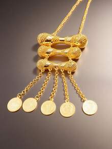 Herseygold 1 件土耳其库尔德新娘镀金肩链，阿拉伯硬币图腾女式服装链，奢华婚礼/节日配饰 - 金色 - 查看 3