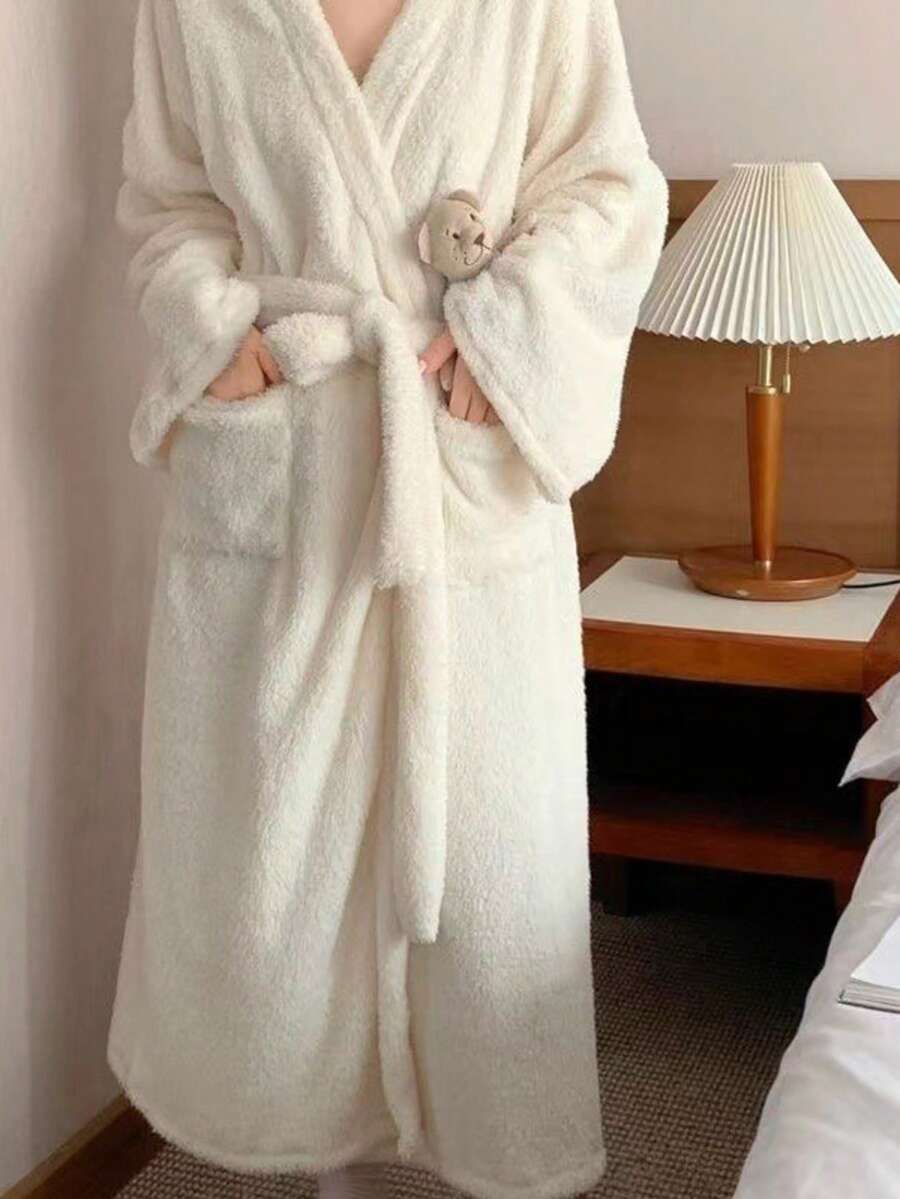 1件新款女士秋冬浴袍，珊瑚绒浴袍，长款睡袍，性感浴袍，柔软吸水加厚睡衣，法兰绒、灯芯绒、雪尼尔、仿羊毛布法兰绒、抓绒、天鹅绒、毛绒面料，休闲、户外、运动、度假、旅行、毕业礼物、生日礼物、日常穿着，浴室装饰 - 彩色 - 查看 1