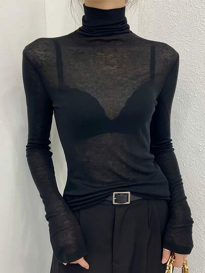 2025 New Black High Neck Undershirt For Women, Sheer Mesh Thin Long Sleeve T-Shirt, Autumn/Winter