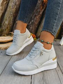 Fall/Winter New Fashion Wedge Heel Sneakers, Women Casual Breathable Lace Up Splicing Platform Shoes, Plus Size - Grey - View 3