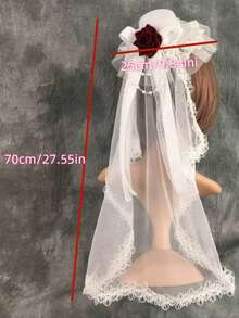 1pc Vintage Bridal Tea Party Headpiece - Floral Lace Veil With Red Rose Accents, Korean/Japanese Style Wedding Photography Parade Accessory, Hand Wash Only Polyester Hair Decor Halloween