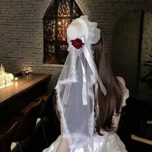 1pc Vintage Bridal Tea Party Headpiece - Floral Lace Veil With Red Rose Accents, Korean/Japanese Style Wedding Photography Parade Accessory, Hand Wash Only Polyester Hair Decor Halloween