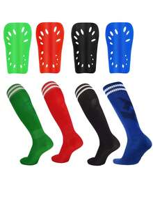Kids Football Socks + Shin Guard Set, 7-12 Years Old Children Striped Sports Football Socks, Anti-Collision Football Shin Pads