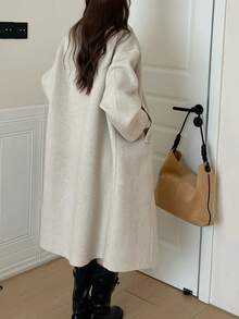 Fashionable Women's Long Double-Faced Wool Coat Long Sleeve Waterfall Neckline Drop Shoulder Design With Functional Buttons And Pockets Regular Fit Overcoat. - Beige - View 3