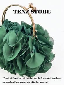 Women's Elegant Emerald Green Floral Pleated Satin Clutch Bag, Party Handbag - Exquisite Chiffon Petal Handbag With Detachable Chain Strap, Fits ProMax Size Phone And Essentials, Perfect For Bride, Wedding, Date, Prom, Holiday, Formal Occasions, Graduation Party, Spring Events, Cocktail Party And Special Occasions (Pattern Random) - Dark Green - View 5