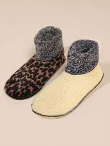 1 Pair Plus Size Black Leopard Print Thermal Lined Floor Socks, Warm Indoor Home Socks For Women, Suitable For Yoga, Sleeping, Carpet - Multicolor - View 4