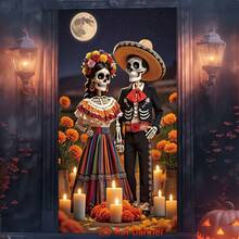 Fondo colorido de Día de los Muertos mexicano con banner plano 2D, calavera de azúcar multicolor, tocado floral, decoración de fiesta de poliéster duradero adecuado para Día de los Muertos, cumpleaños, boda, Halloween