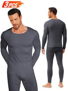 3 Pack Thermal Underwear For Boyfriend Style Men Long Johns Fleece Lined Soft And Warm Set Base Layer For Cold Weather - 黑-黑-灰 - 查看 2