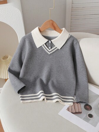Girls' Colorblock Collar Elegant Long Sleeve Sweater, Knitted Pullover For Autumn/Winter