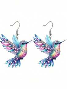 1Set Elegant Fashion Acrylic Hummingbird Necklace & Earrings Set With Multi-Color Wing Design, Suitable For Daily Wear And Birdwatching Enthusiasts, An Ideal Gift For Friends