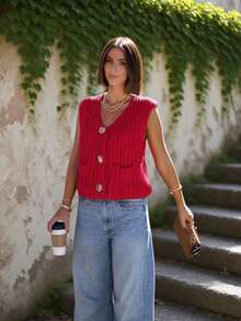 Women's Sleeveless Crochet Sweater Button Down Vintage Casual Streetwear Vest Tops With Pockets Cropped Knit Cardigan Fall Clothes - Red - View 2