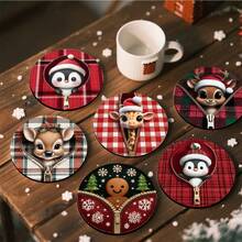 1set/4pcs/6pcs/300pcs Christmas Deer With Holly Berries Plaid Pattern Diatom Mud Coasters, Coffee Coasters, Home And Restaurant Multi-Occasion Decorations, Daily Gifts, Table Decorations, Daily Decorations, Theme Party Decorations