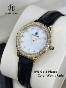 Pablo Raez 1 件 18K 金珠宝女士腕表奢华夏季配饰水晶正装手表不锈钢 IPG 镀金表壳优雅顶级全新设计手链石英钟女士时尚外壳白色表面带钻石显示罗马数字高品质女士流行腕表
