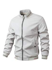 Men Long Sleeve Fashionable And Simple Zip Up Jacket, Fall - Grey - View 1