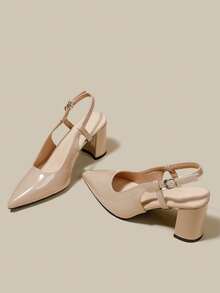 女士杏色漆皮尖头单带粗跟高跟鞋，优雅尖头正式高跟鞋，时尚露跟高跟鞋