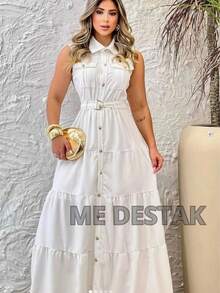 Women's Sleeveless Maxi Dress With Front Buttons, Shirt Collar, Pockets, And Adjustable Belt In Ruffle Layers - White - View 2