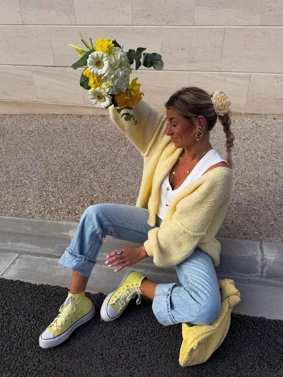 Cardigan tricoté ample et ample à épaules tombantes, couleurs vives, décontracté et énergique, pull d'automne/hiver, Noël, pull de Noël, Nouvel An - Jaune citron - Voir 1