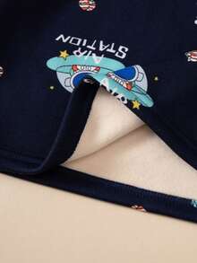 2 件套青少年男孩太空飞船卡通印花保暖睡衣套装，保暖内衣长袖上衣和裤子，秋冬 - 藏蓝色 - 查看 6