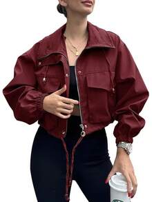 Womens Cropped Zip Up Lightweight Oversized Utility Anorak Coat With Pockets, Style EBU0 - Màu Đỏ Sâu - Xem 1
