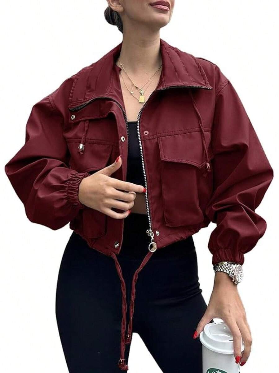Womens Cropped Zip Up Lightweight Oversized Utility Anorak Coat With Pockets, Style EBU0 - Màu Đỏ Sâu - Xem 1