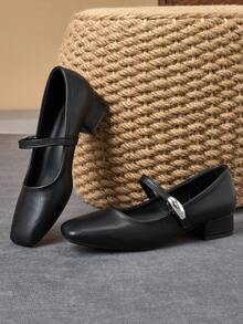 MonaNise 女士3厘米布面包跟黑色时尚百搭玛丽珍低跟粗跟优雅平底鞋，另有藏蓝色、咖啡色、酒红色可选