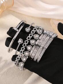 1 件时尚银色不锈钢心形手链套装，铜人造氧化锆心形手链和合金玻璃心形手链首饰套装，适合女性日常佩戴，夏季珠宝，防水海滩度假配饰 - 銀色 - 查看 2