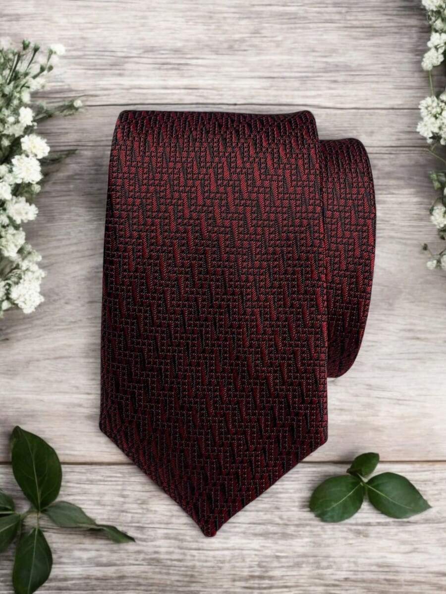 Luxury Men's Skinny Tie Polyester Silk Solid Color Polka Dots Slim Jacquard Groomsmen Tie - 酒紅色 - 查看 1