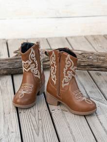 Sepatu Bot Setengah Betis Kulit PU Bordir untuk Anak Perempuan, Gaya Koboi Barat, Cocok untuk Aktivitas Luar Ruangan - Coklat - View 6