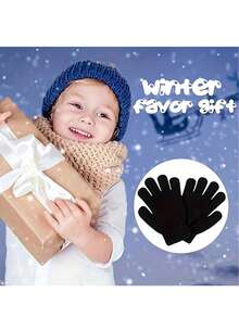 12/1 Paio di guanti invernali caldi per bambini - guanti a maglia morbida a dita intere per climi freddi con polsini elastici, disponibili in più colori (nero mostrato), adatti per bambini e bambine, lavare a mano, protezione dal freddo (colore casuale dei guanti)