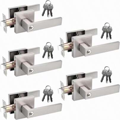 DSJJBLL 5 Pack Entry Door Lever With Lock And Different Keys,Matter Black Exterior Door Handle For Office And Front Door, Square Style Reverisble Bedroom Door Knobs With Lock