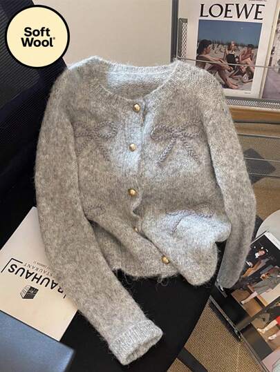 Autumn/Winter Bow Embroidered Wool Cardigan Sweater Jacket, Suitable For Daily Wear, Outdoor, And Dates